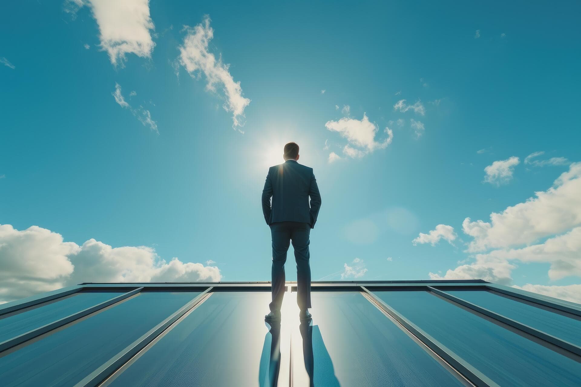 A person gazing at the horizon from a rooftop — looking toward a future not yet built