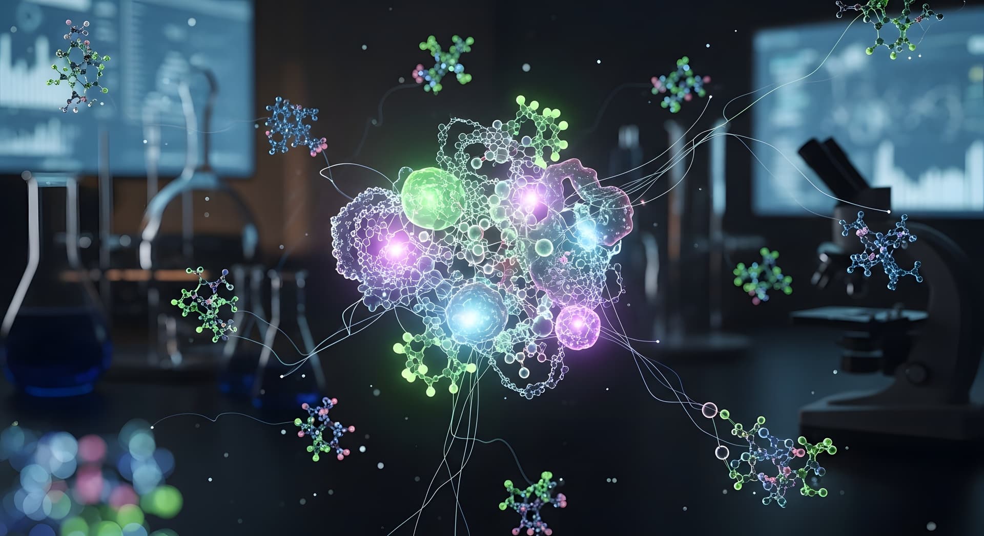 Glowing molecular network representing the complexity of locked-away knowledge