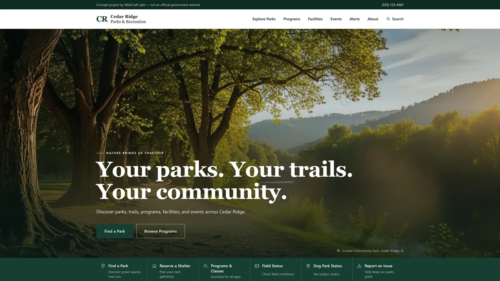 Cedar Ridge Parks & Recreation homepage: a "Your parks. Your trails. Your community." hero over a sunlit park photo, with Find a Park and Browse Programs buttons above a quick-service row for finding parks, reserving shelters, programs and classes, field status, dog park status, and reporting an issue.